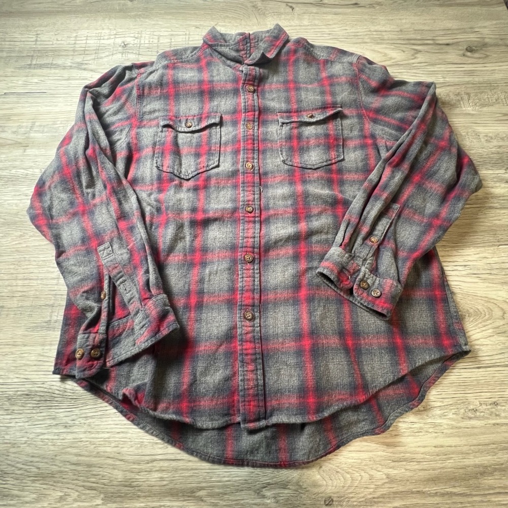 Eddie Bauer Flannel Shirt Mens XXL Grey Red Plaid Button Down Long Sleeve Cotton